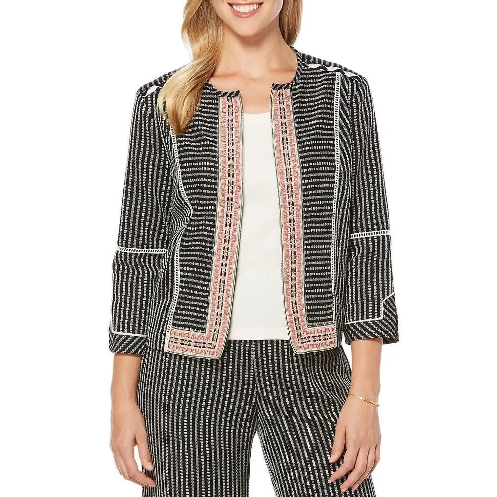 New! RAFAELLA Women's Textured Embroidered Black Striped Jacket Blazer Medium